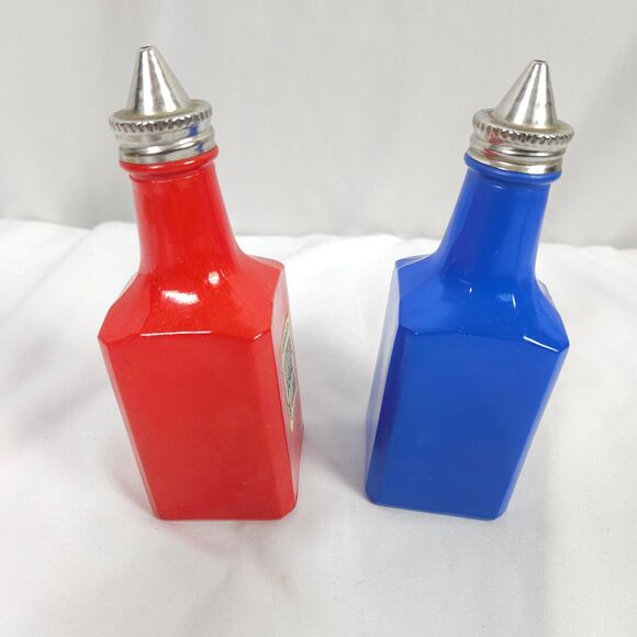 Vintage PANTRY POPS GEMCO RED & BLUE Cruet ART DECO Glass Oil Vinegar Jar Bottle - Picture 2 of 7